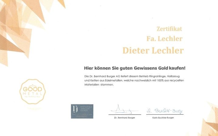 Zertifikat Altgold Recycling bei Lechles Goldschmiede